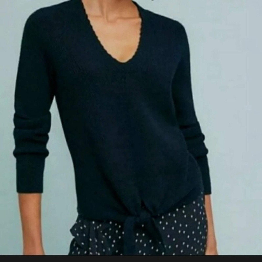 Moth by Anthropologie Womens S Black Tie Front V Neck Long Sleeve Knit Sweater